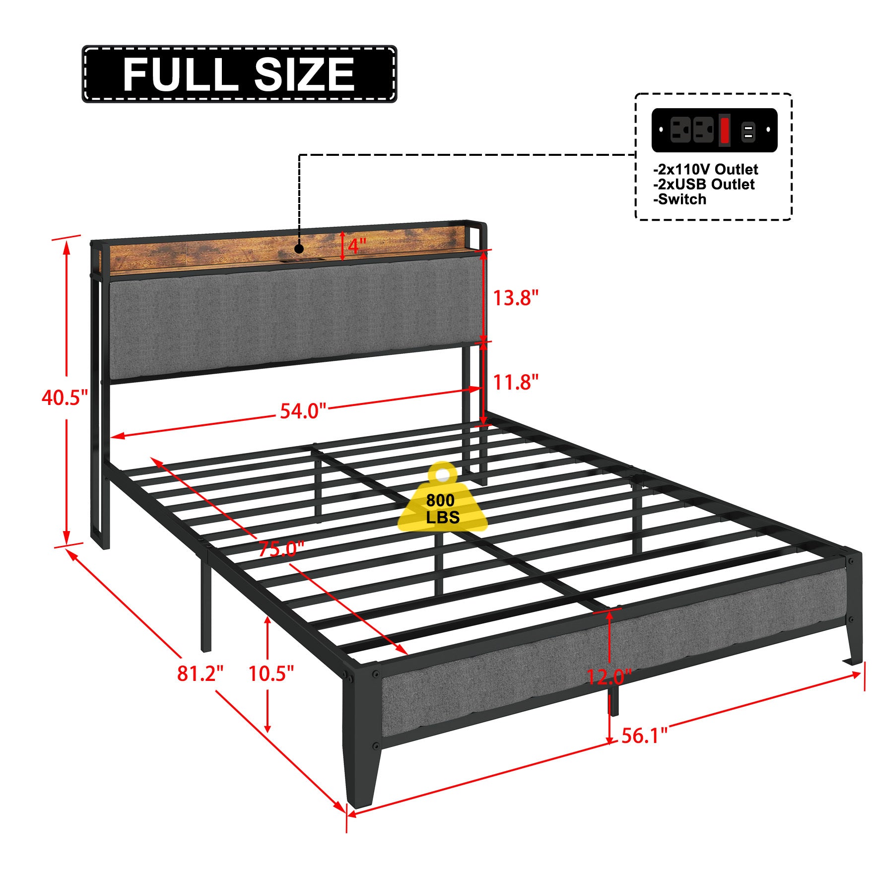 Full Size Bed Frame with Charging Station, Upholstered Headboard, Metal Platform, Grey