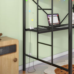 Twin Metal Loft Bed with Desk, Power Outlet & LED Light - Black