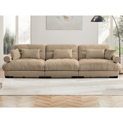 Extra-Large 3-Seater Modern Velvet Sofa, Oversized Cloud-Like Comfort with Waist and Throw Pillows, Camel