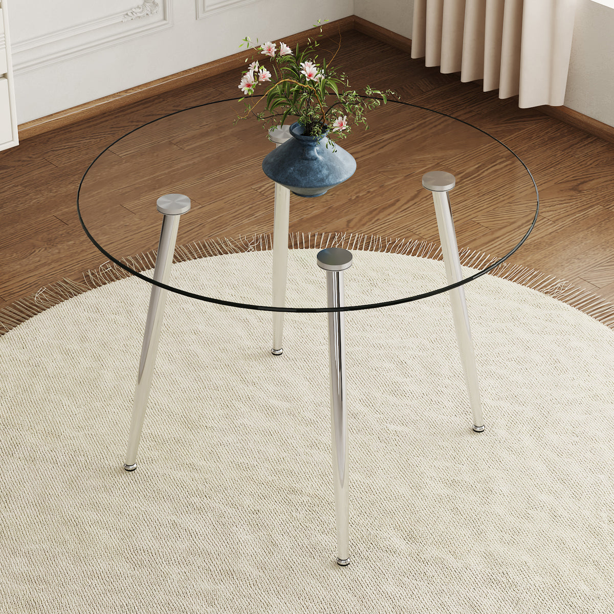 Modern Round Glass Top Dining Table with Silver Metal Legs - Perfect for Your Home