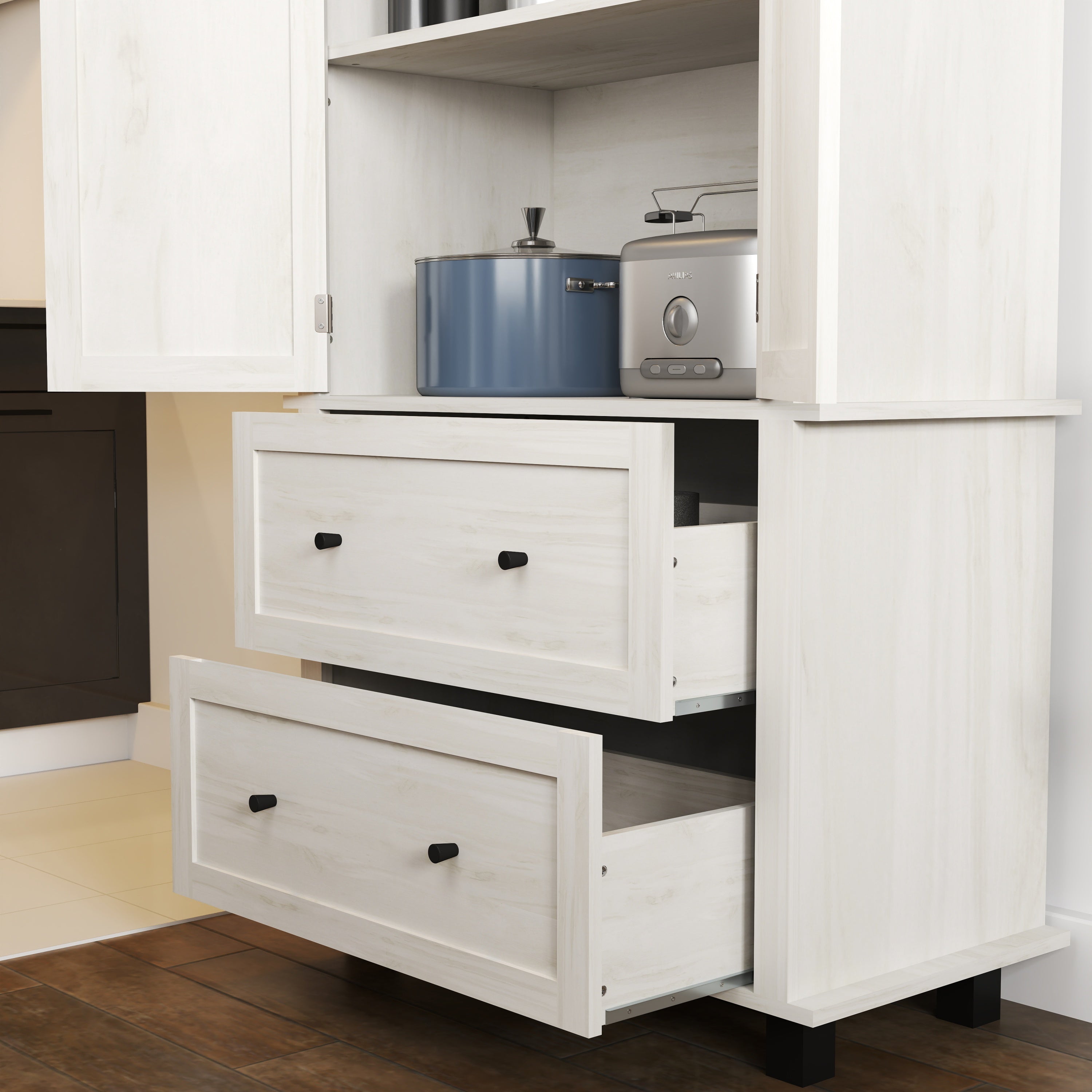 70" Tall Kitchen Pantry Cabinet with 2 Drawers & Shelves, Antique White