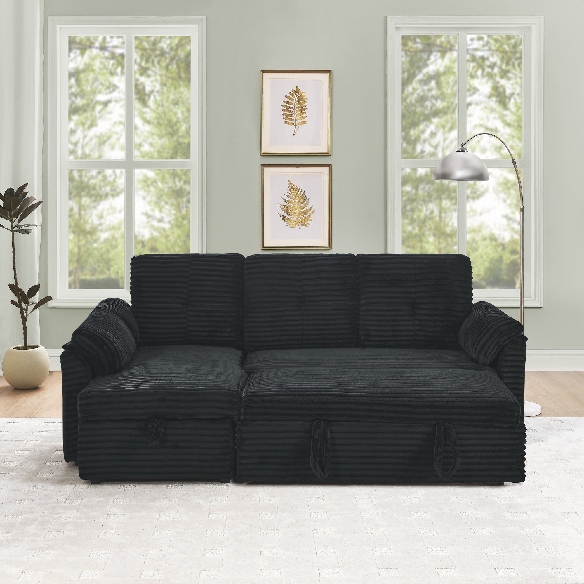 Corduroy Tufted Upholstered Sleeper Sectional Sofa, L-Shaped Modular Convertible Sofa with Reversible Storage Chaise, Pull Out Sleep Couch Bed and Reclining Backrest Perfect for Living Space, Black