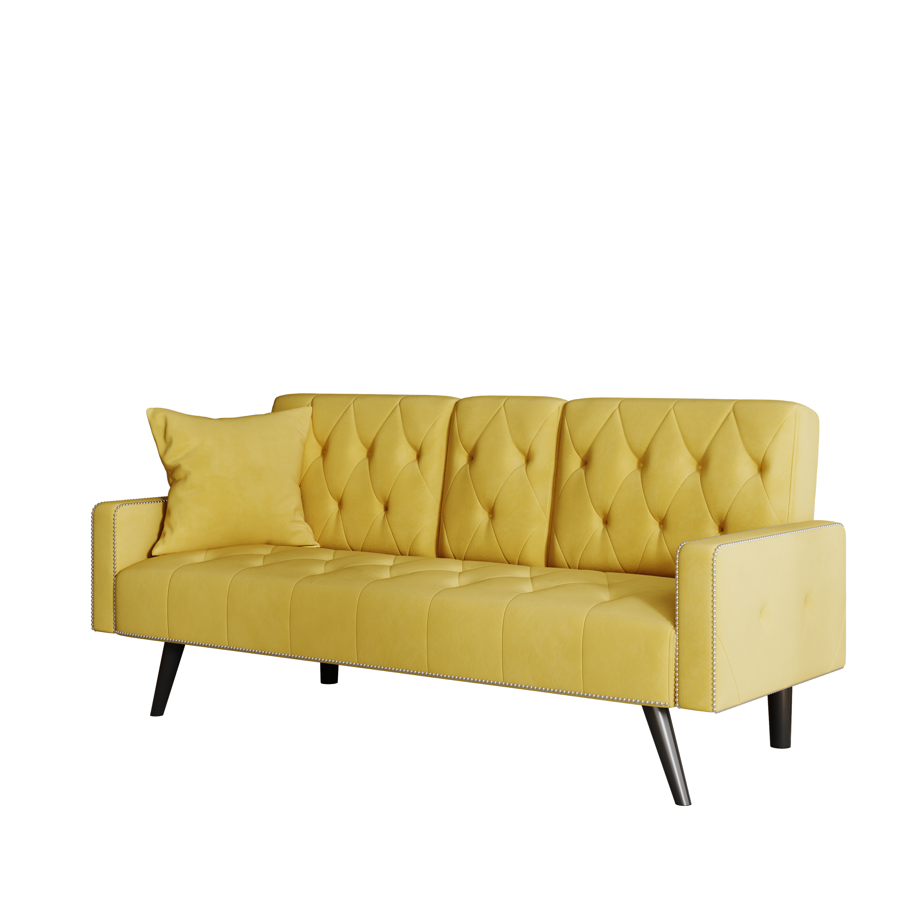 72" Yellow Velvet Sofa Bed with Nail Head Trim & Two Cup Holders Sleeper Sofa for Small Living Room