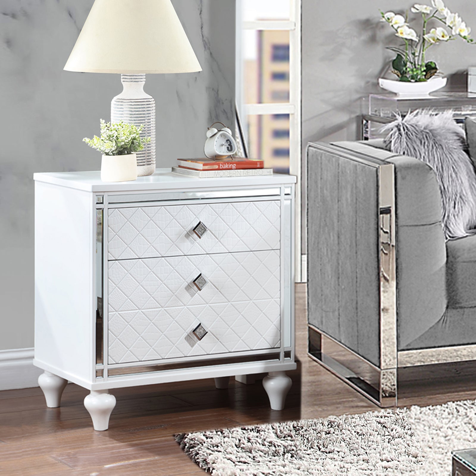 Contemporary Nightstands with mirror frame accents, Bedside Table with two drawers and one hidden drawer, End Table with Crystal Pull for Living Room,Bedroom, White