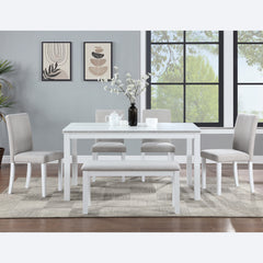 Wooden Dining Rectangular Table with Bench, Kitchen Table with Bench for Small Space, 6 Person Dining Table, White