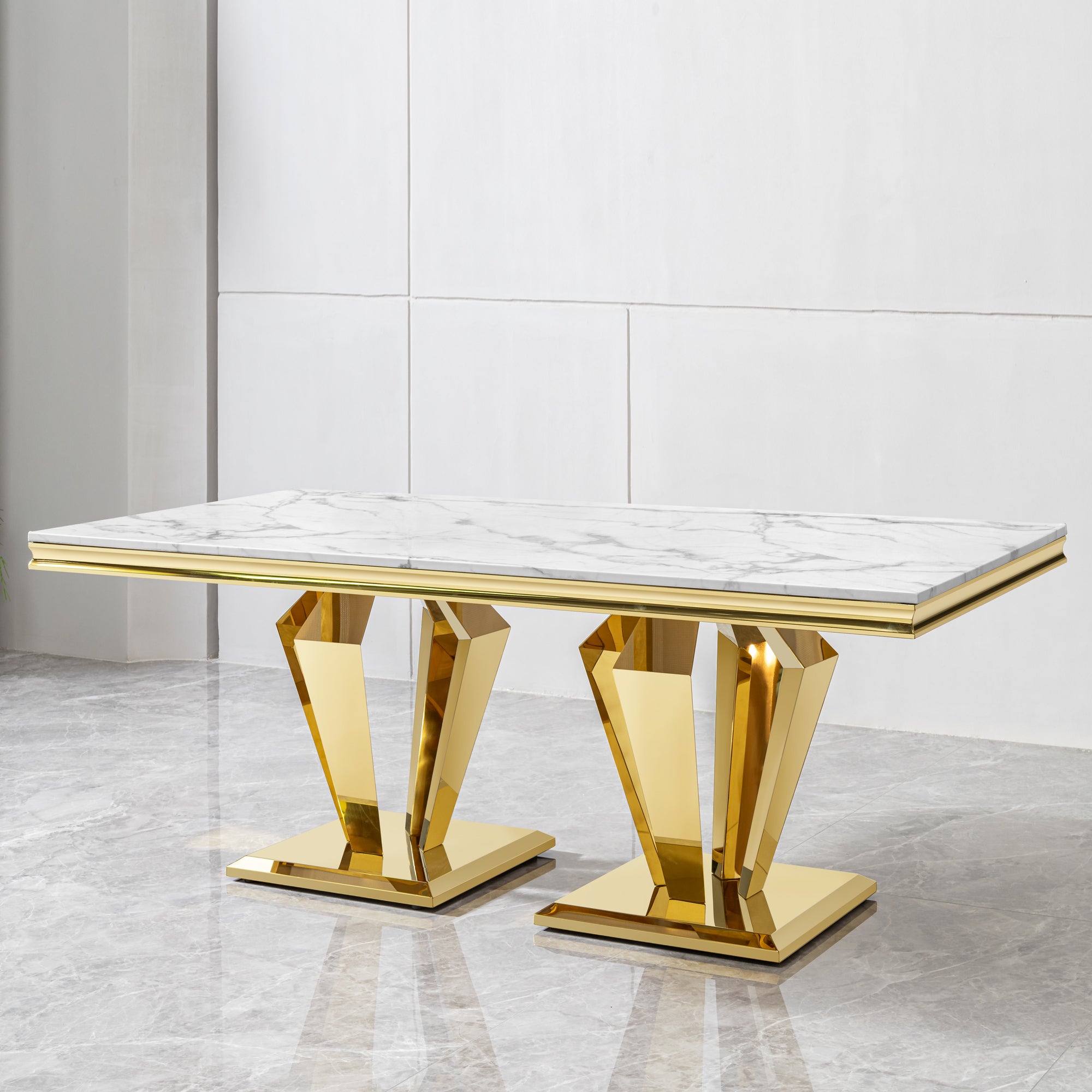 Rectangular Dining Table with Gold Polished Stainless Steel Base & MDF Marble Top for 6 - 8