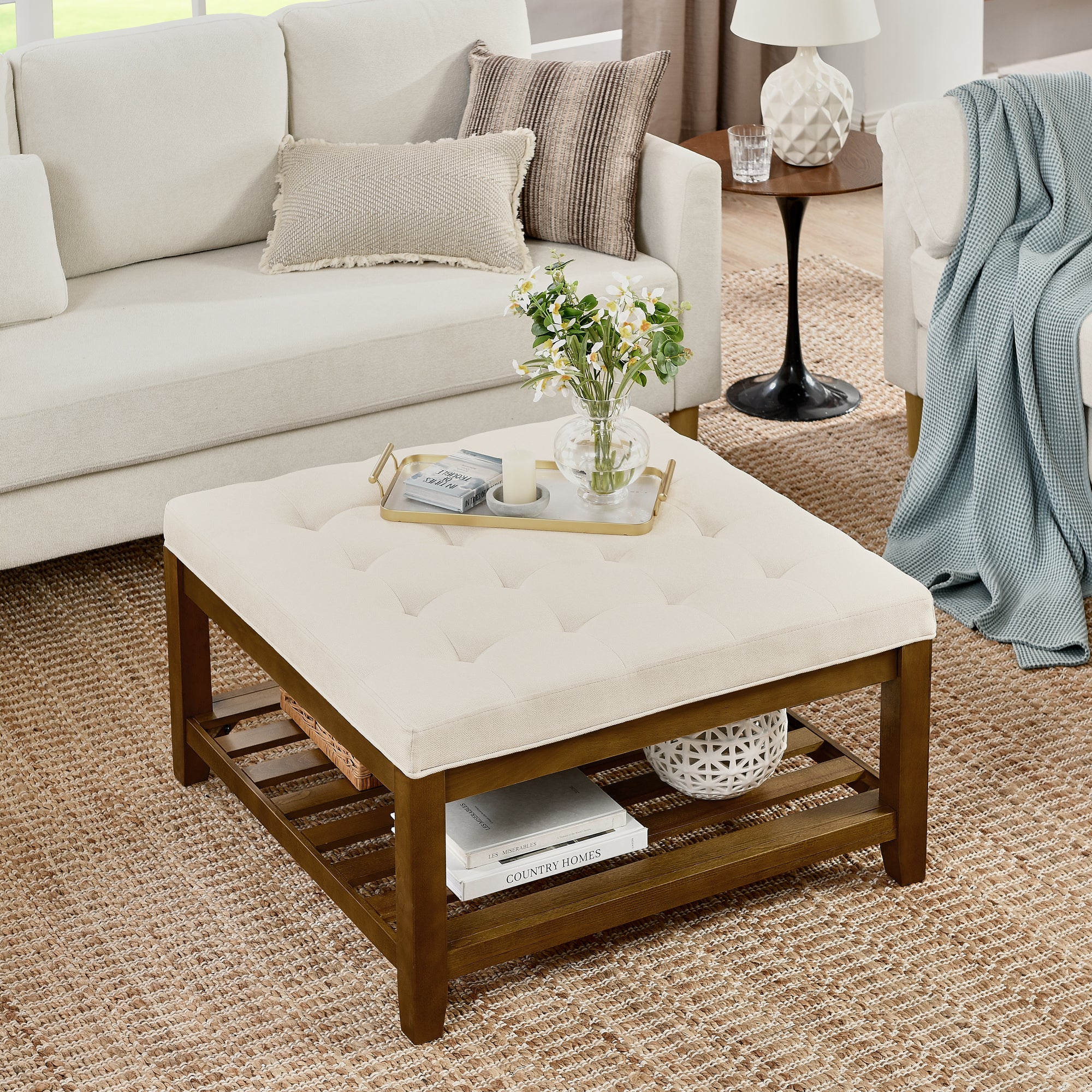 Tufted Upholstered Square Coffee Table Ottoman with Beech Wood Shelf, Oversized Footrest for Living Room, Beige