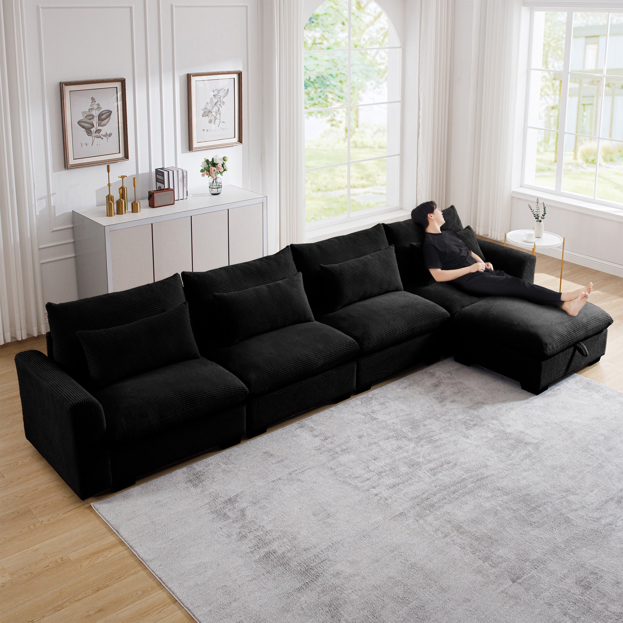 Large L Shape Sectional Corduroy Sofa,Deep Seat Couch with Storage Footstool and 4 Waist Pillows, Black