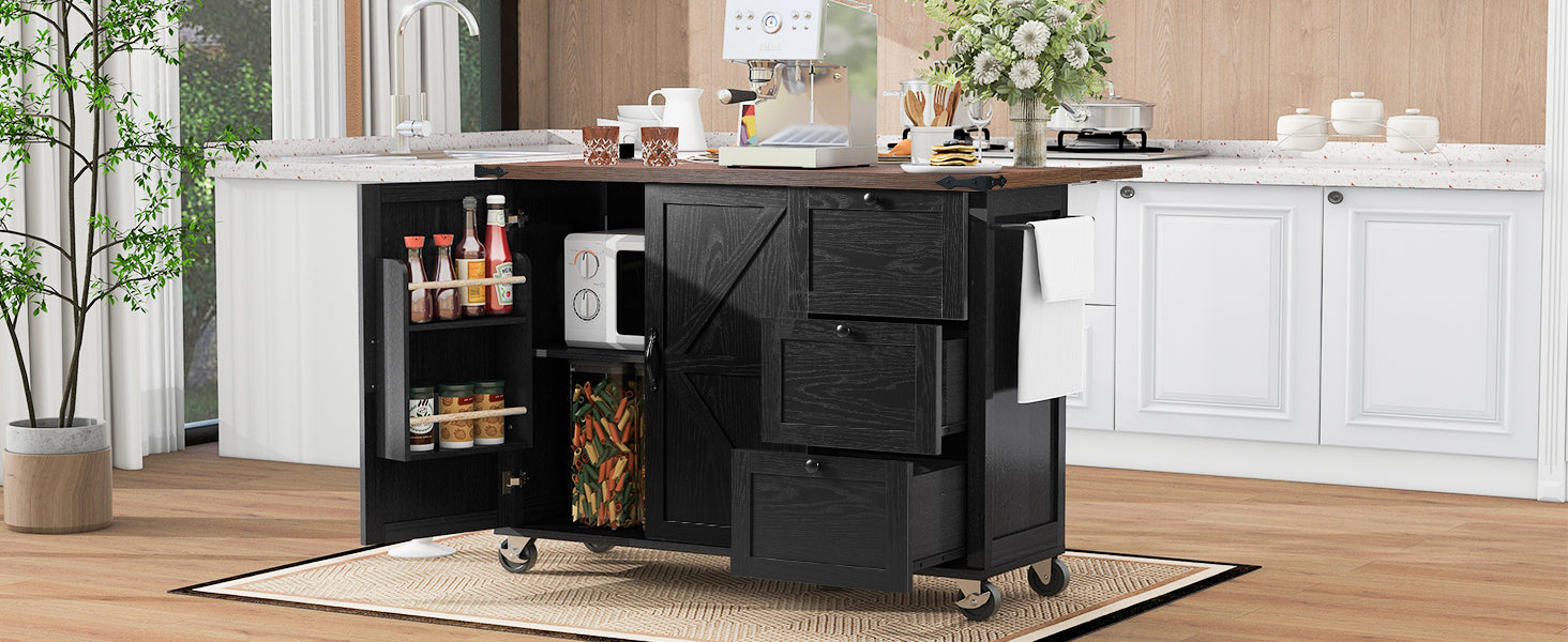 K&K 54.5" Kitchen Storage Island  with Internal Storage Rack, Drop Leaf, Spice Rack, Rolling Kitchen Cart on Wheels, Black