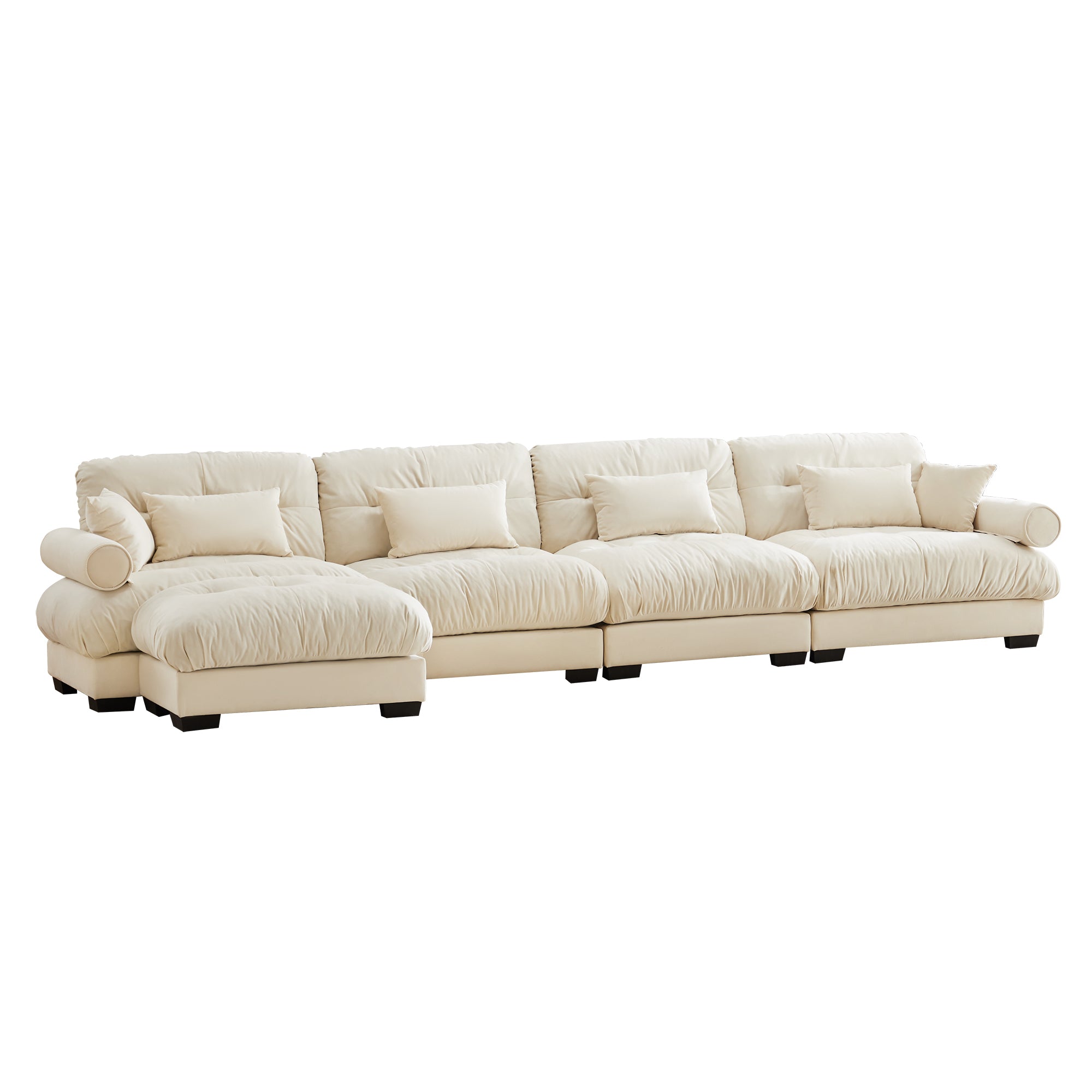 L-Shaped Convertible 4-Seater Cloud Sofa, Modern Velvet with Pillows and Bolstered Armrests,Cream