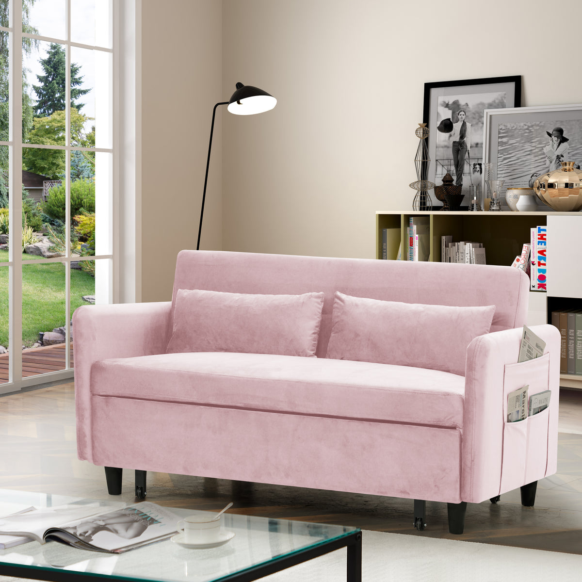 54" Pull-Out Sofa With Two Pillows Pink Velvet Loveseat For Small Living Room