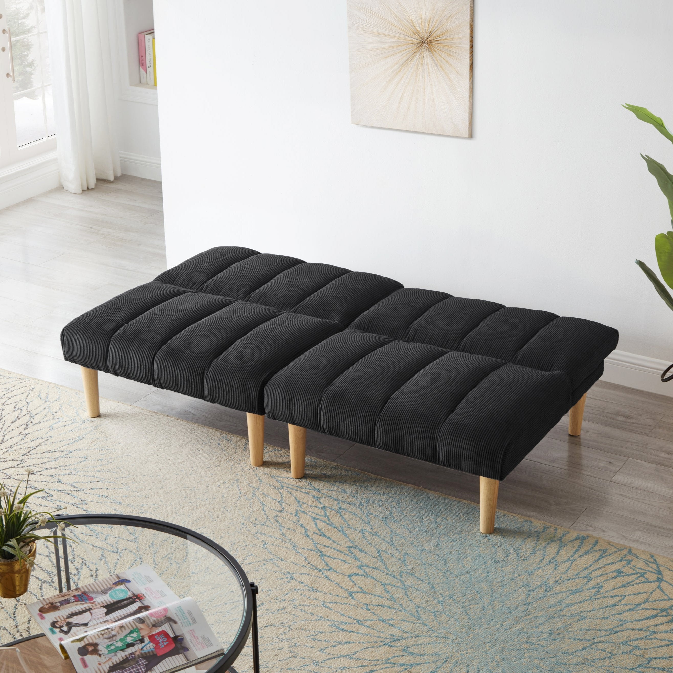 Corduroy fabric, wooden legs convertible sofa bed (Color:Black)