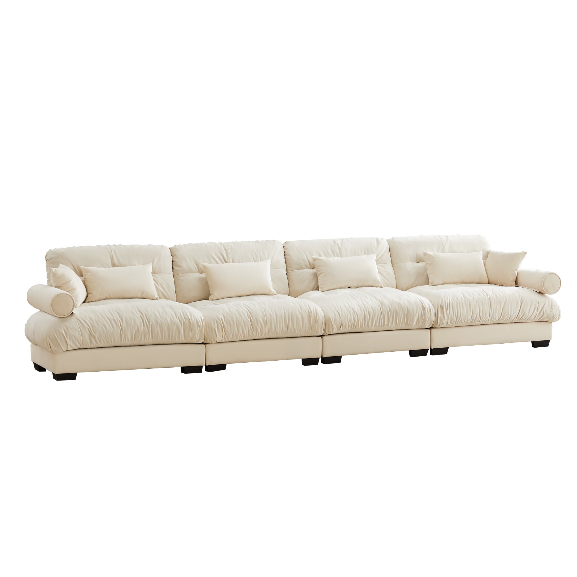 Oversized 4-Seater Velvet Sectional Sofa with Ottoman, Deep Seat Cloud Couch for Living Room, Cream