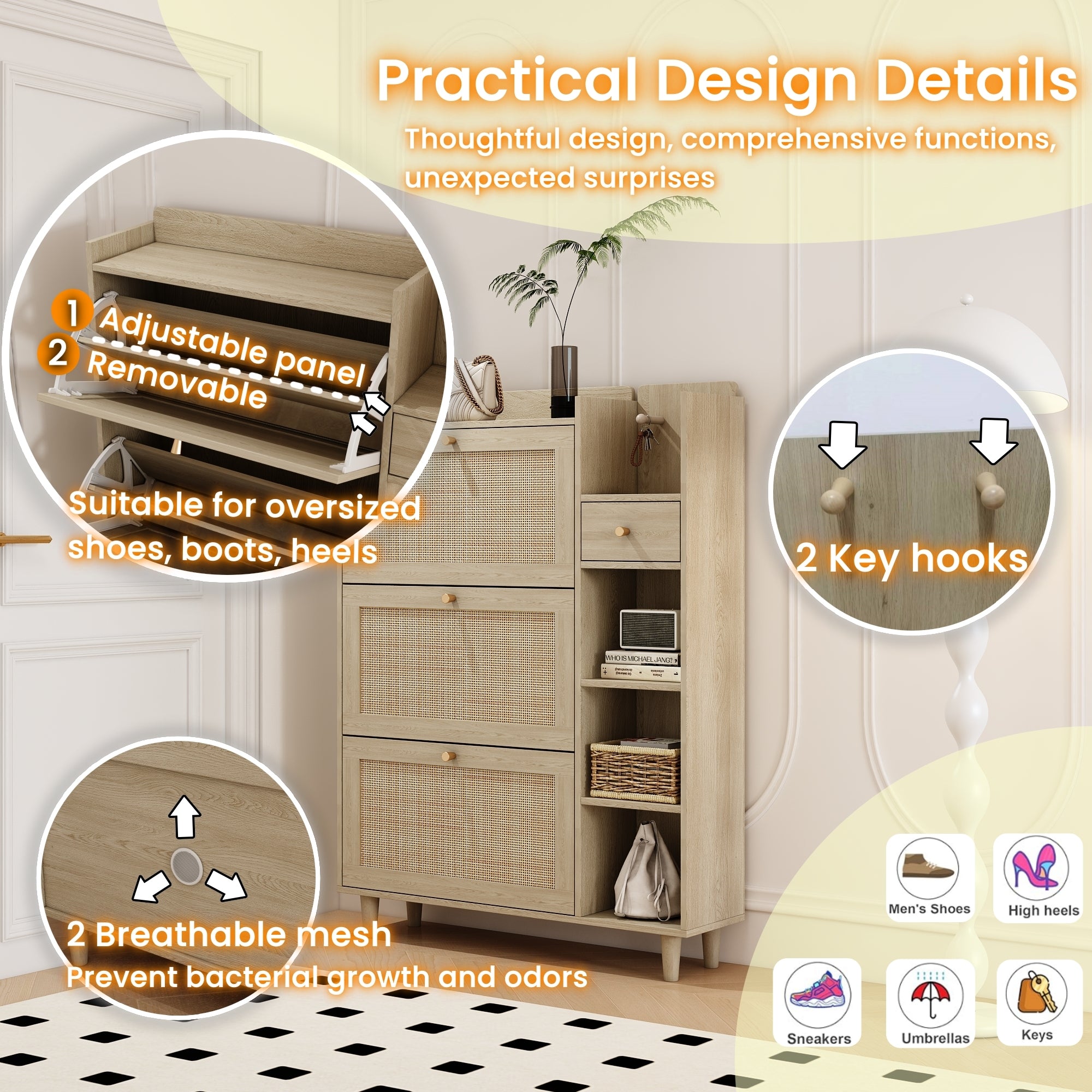 Boho Shoe Cabinet with 3 Rattan Flip Drawers & Storage, Natural