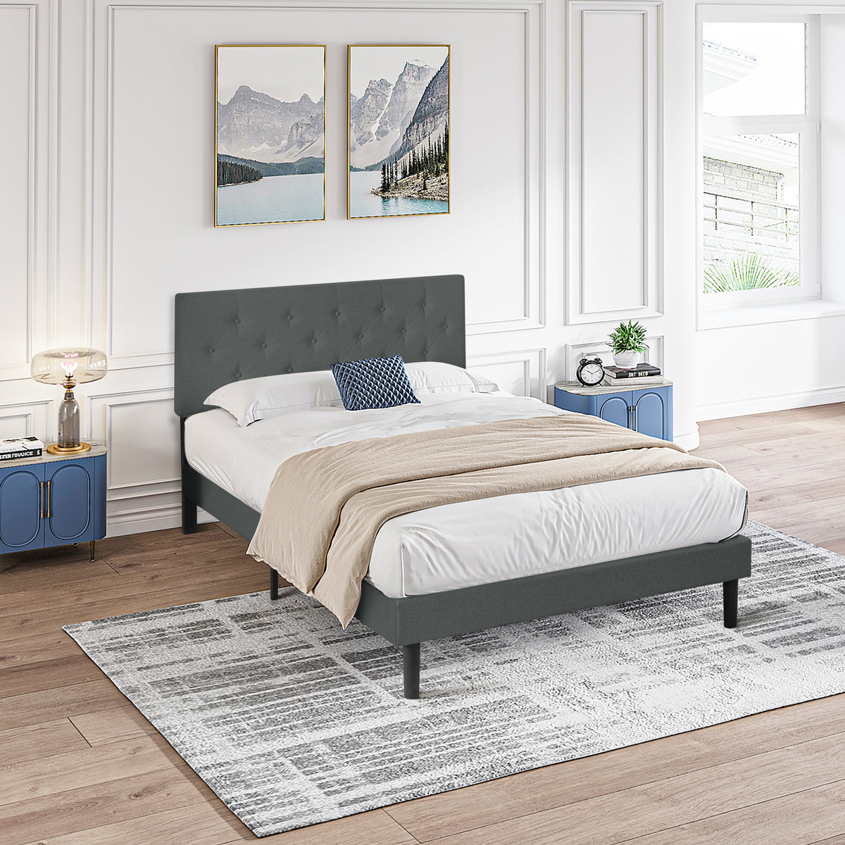 Queen Size Upholstered Platform Bed Frame with Modern Button Tufted Linen Fabric Headboard, No Box Spring Needed, Wood Slat Support, Easy Assembly, Dark Grey