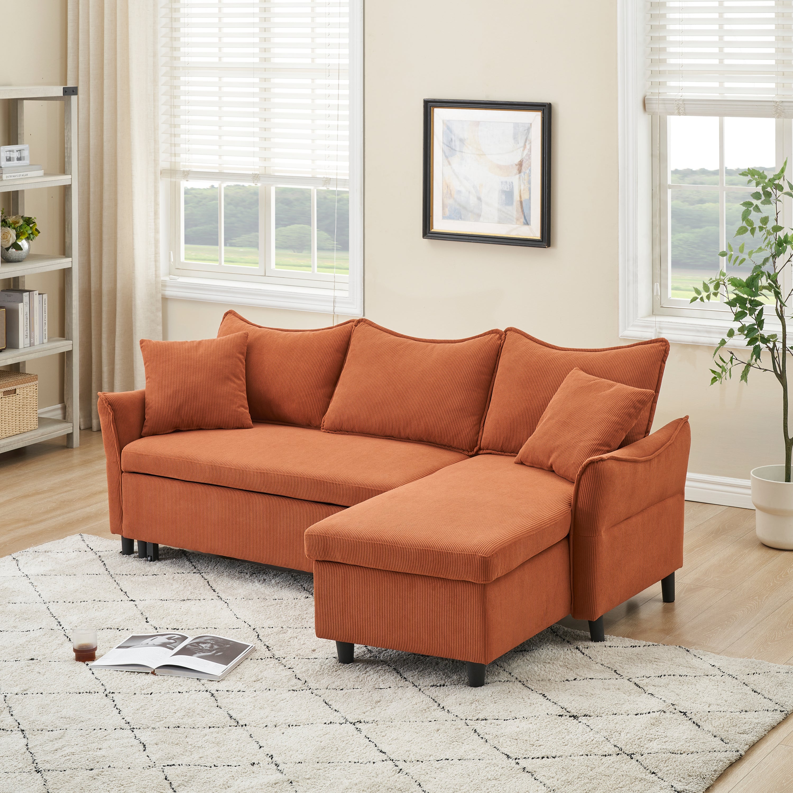 80" Orange Corduroy 3-Seater Sofa Bed With Two Small Pillows - Pull-Out Sofa With Storage For Living Room