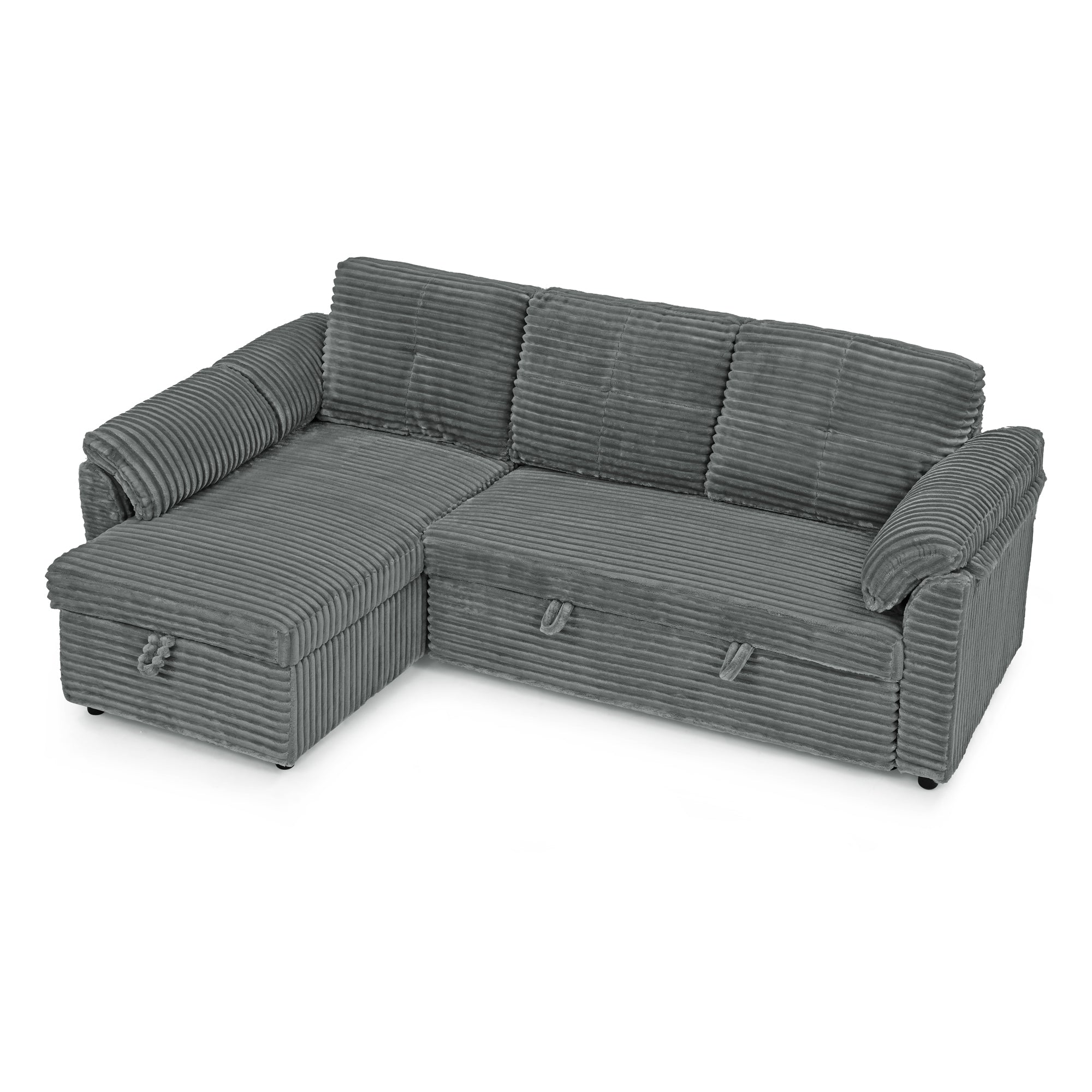 Corduroy Tufted Upholstered Sleeper Sectional Sofa, L-Shaped Modular Convertible Sofa with Storage Chaise, Pull Out Sleep Couch Bed and Reclining Backrest Perfect for Living Space,Grey