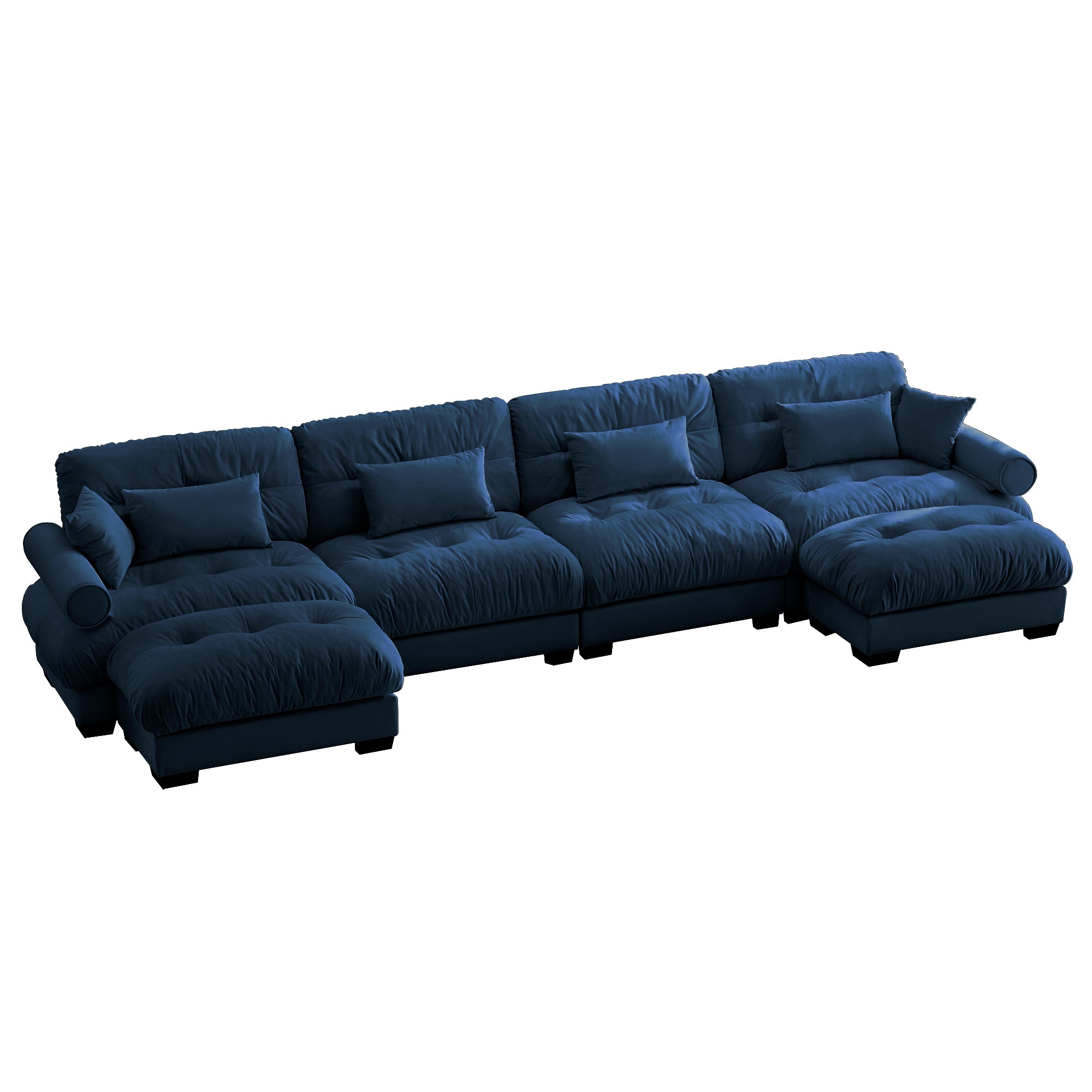 U-Shaped Velvet Sectional Cloud Couch with Movable Ottomans, Deep 4-Seater with Bolstered Armrests and Pillows, Blue