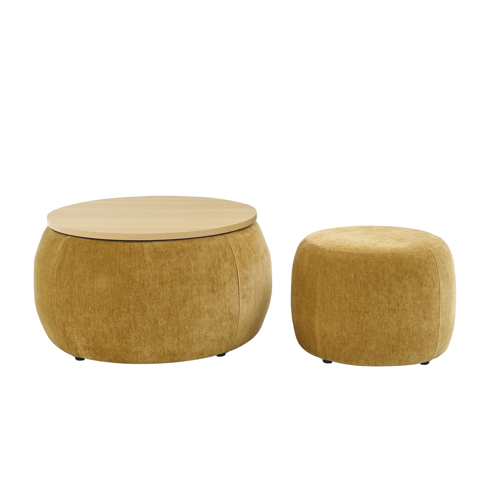 Round Storage Ottoman, 2 in 1 Function, Work as End table and Ottoman,with small seat,Dark yellow(25"x25"x14.7") ow