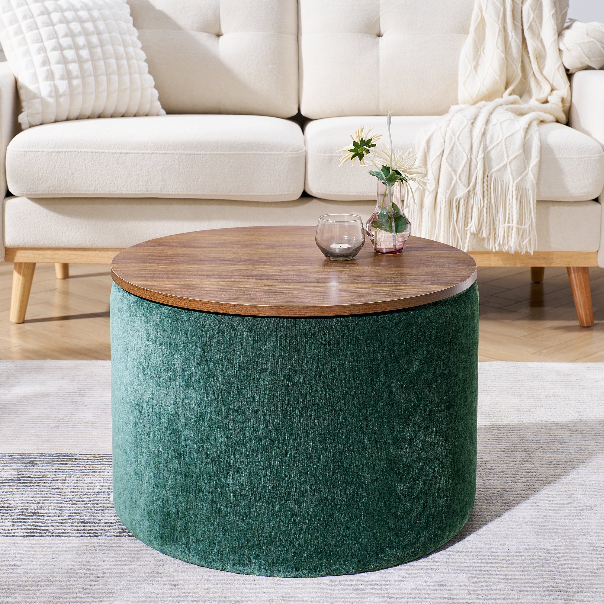 2-Piece Set Round Chenille Storage Ottoman, Equipped with a Drum Shaped Small Stool, Storage Space, and MDF Made Desktop Panel (Dark Green23.62"x23.62"x16.53")