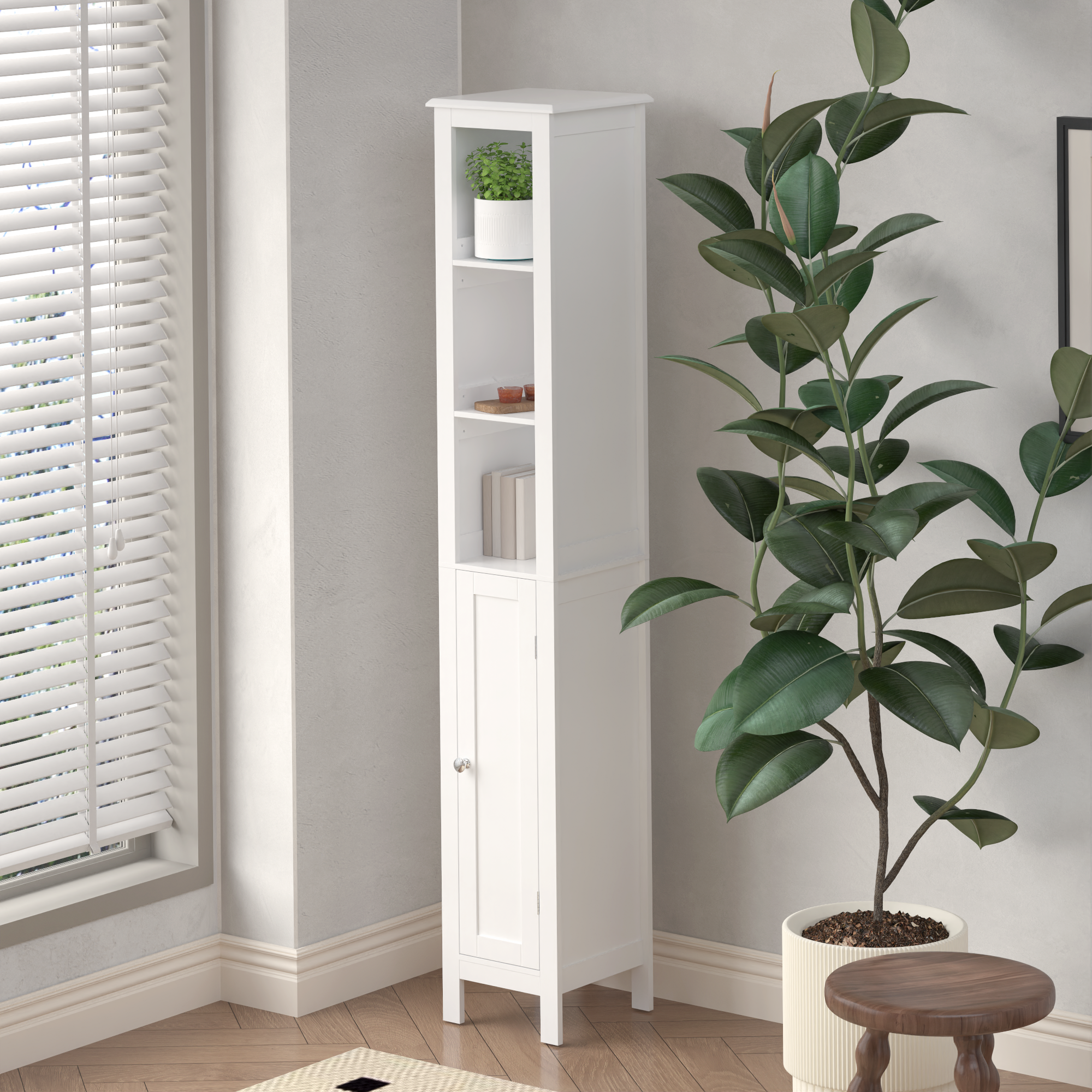 66.92" Tall Bathroom Storage Cabinet with Adjustable Shelves,Slim 1 Doors Freestanding Cabinet with Anti-Tip, Open compartments, for Home, Small Spaces, Bathroom,Kitchen, Living Room, White