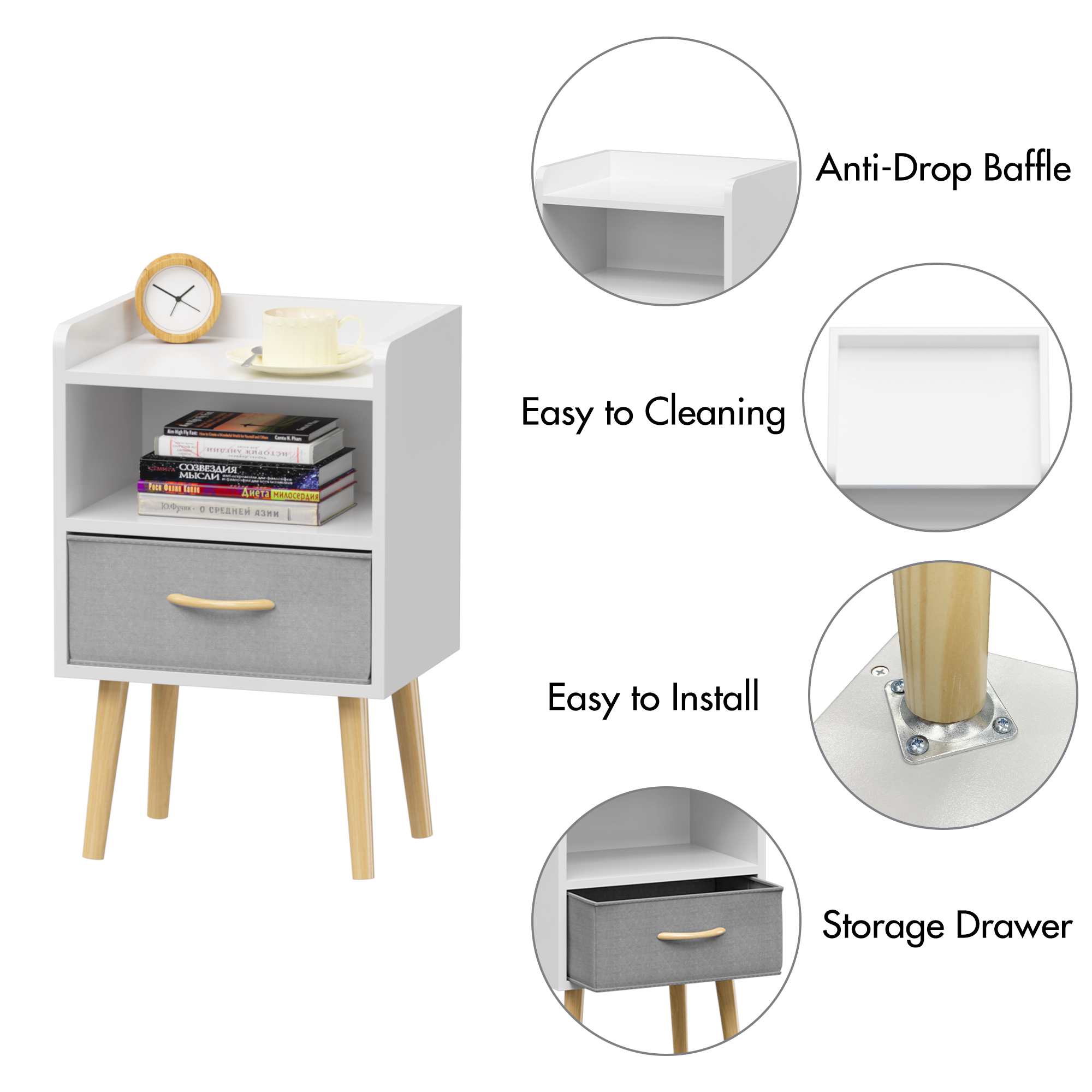 Nightstand With Collapsible Fabric Drawer, 2-Tier Storage End Table, Wood Side Table with Storage Cabinet for Kids, Adults - White