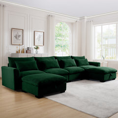 Big Deep Seat U-Shaped Corduroy Sectional Couches for Living Room, 4 Seater Sofa Couch with 2 Storage Footstool and 4 Waist Pillows (Corduroy, Green)