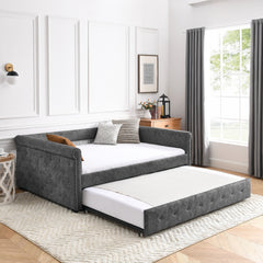 Daybed with Trundle Upholstered Tufted Sofa Bed, with Button and Copper Nail on Arms,Full Daybed & Twin Trundle, Grey(85.5"x57"x30.5")