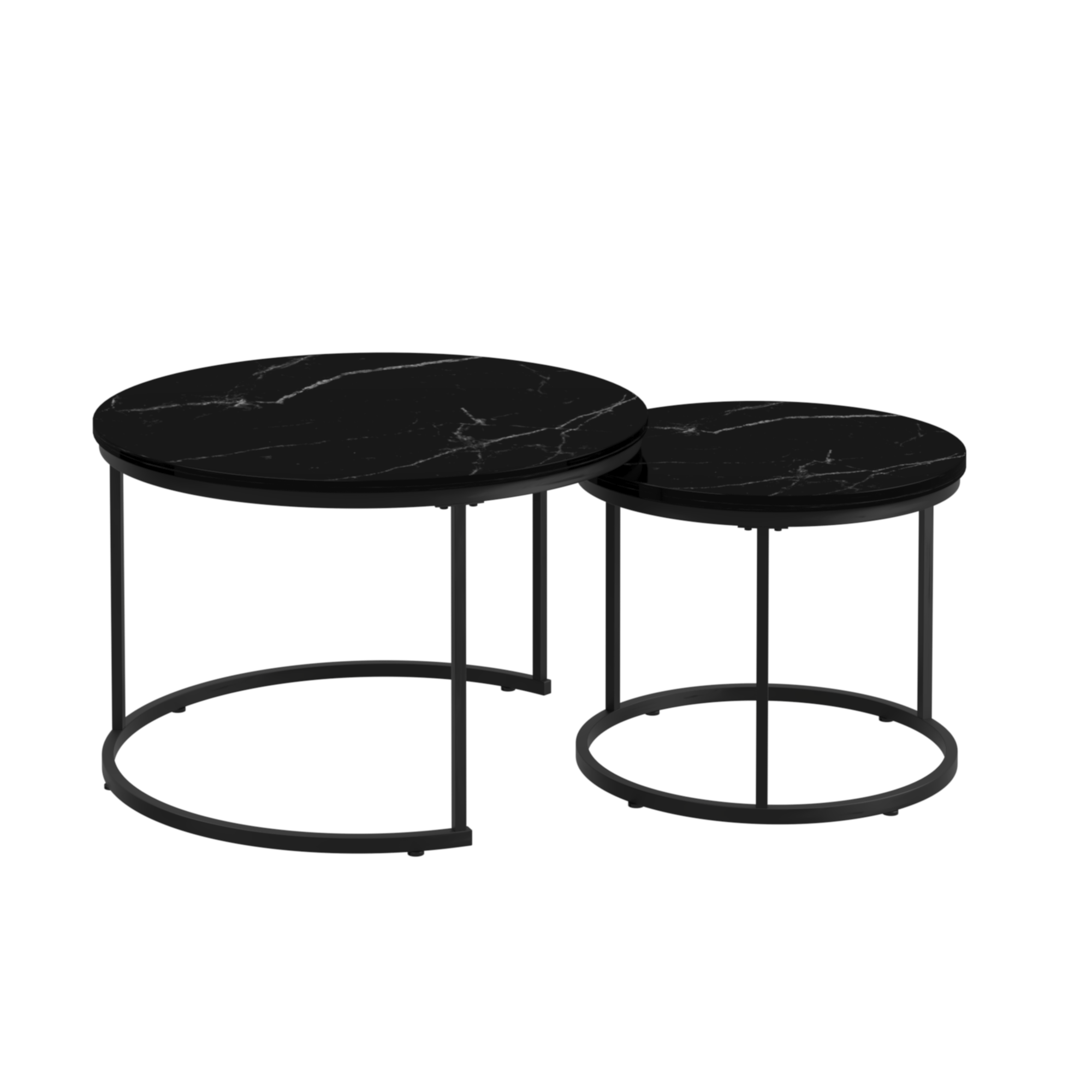 Nesting Coffee Table Set of 2, 27.6inch Round Coffee Table Wood Marble Pattern Top with Sturdy Metal Frame, End Table Side Tables for Living Room Bedroom Balcony Yard (Black)