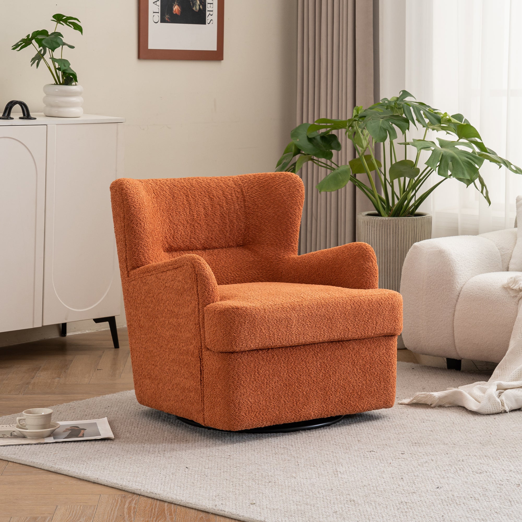 Modern Luxury Velvet Swivel Chair, 360° Swivel Comfort Round Armchair, Single Sofa Chair with Lounge Seat for Bedroom/Office/Reading Space, Set of 1 ,Orange