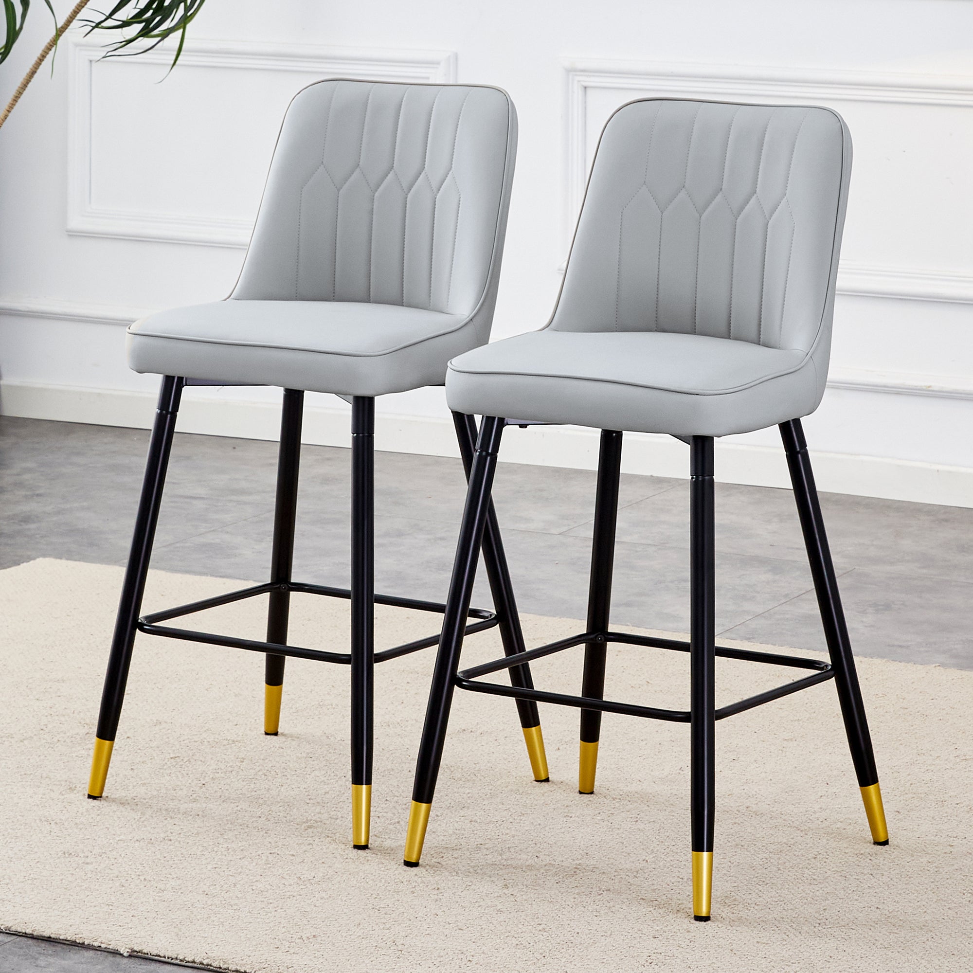 Modern Light Gray PU Bar Stool Set of 2 with Comfortable Resting Beam