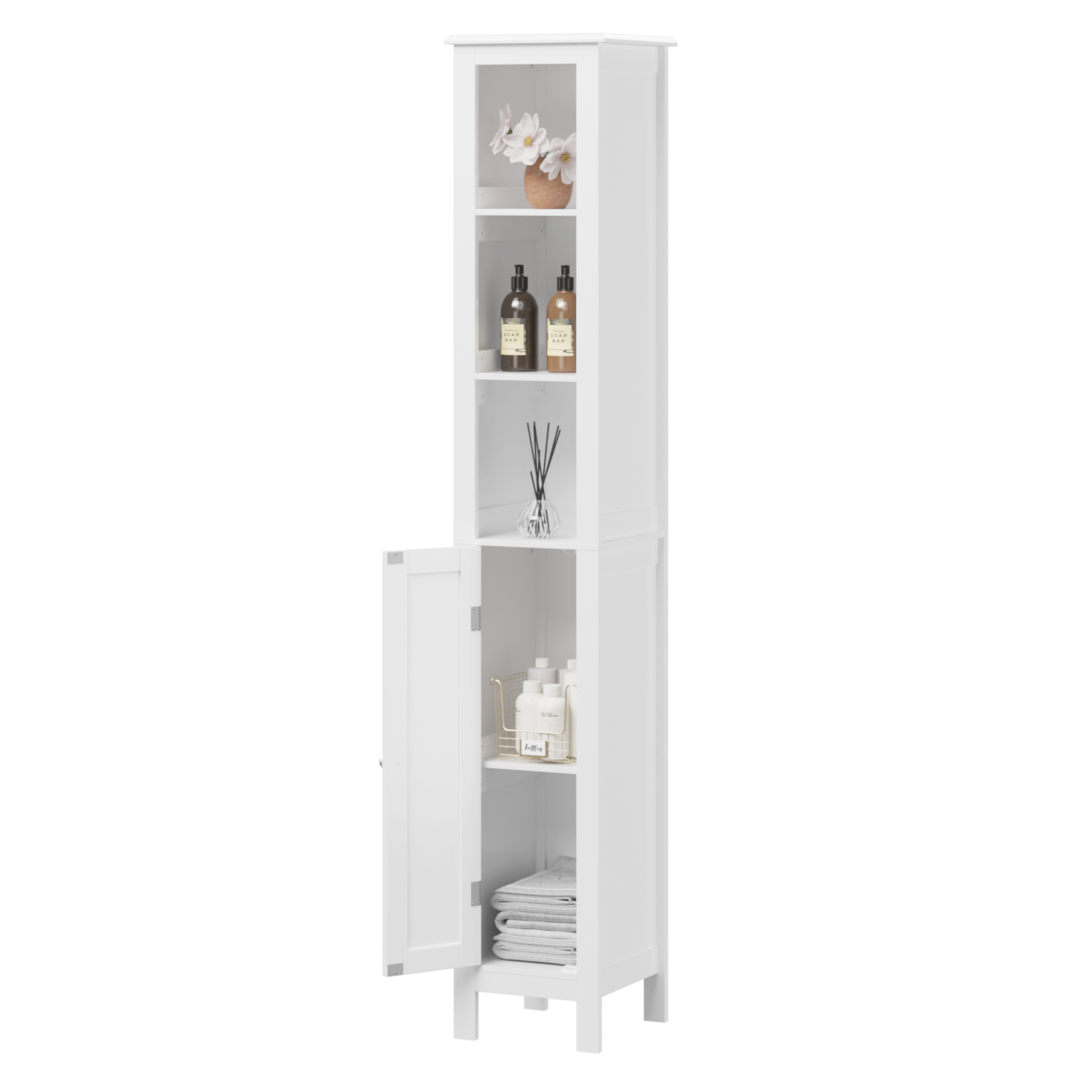 66.92" Tall Bathroom Storage Cabinet with Adjustable Shelves,Slim 1 Doors Freestanding Cabinet with Anti-Tip, Open compartments, for Home, Small Spaces, Bathroom,Kitchen, Living Room, White