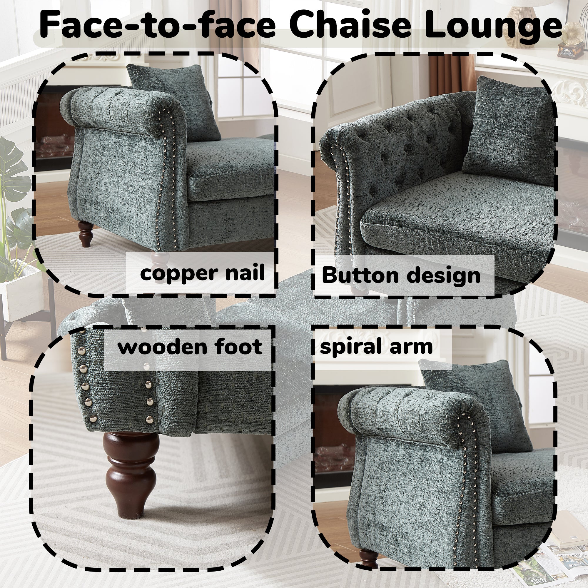 81-inch Chenille Face-to-face Chaise Lounge with Two Pillows,Nailhead trim,Button Tufted Design and Rolled Arms for Lounge, Living room and Office