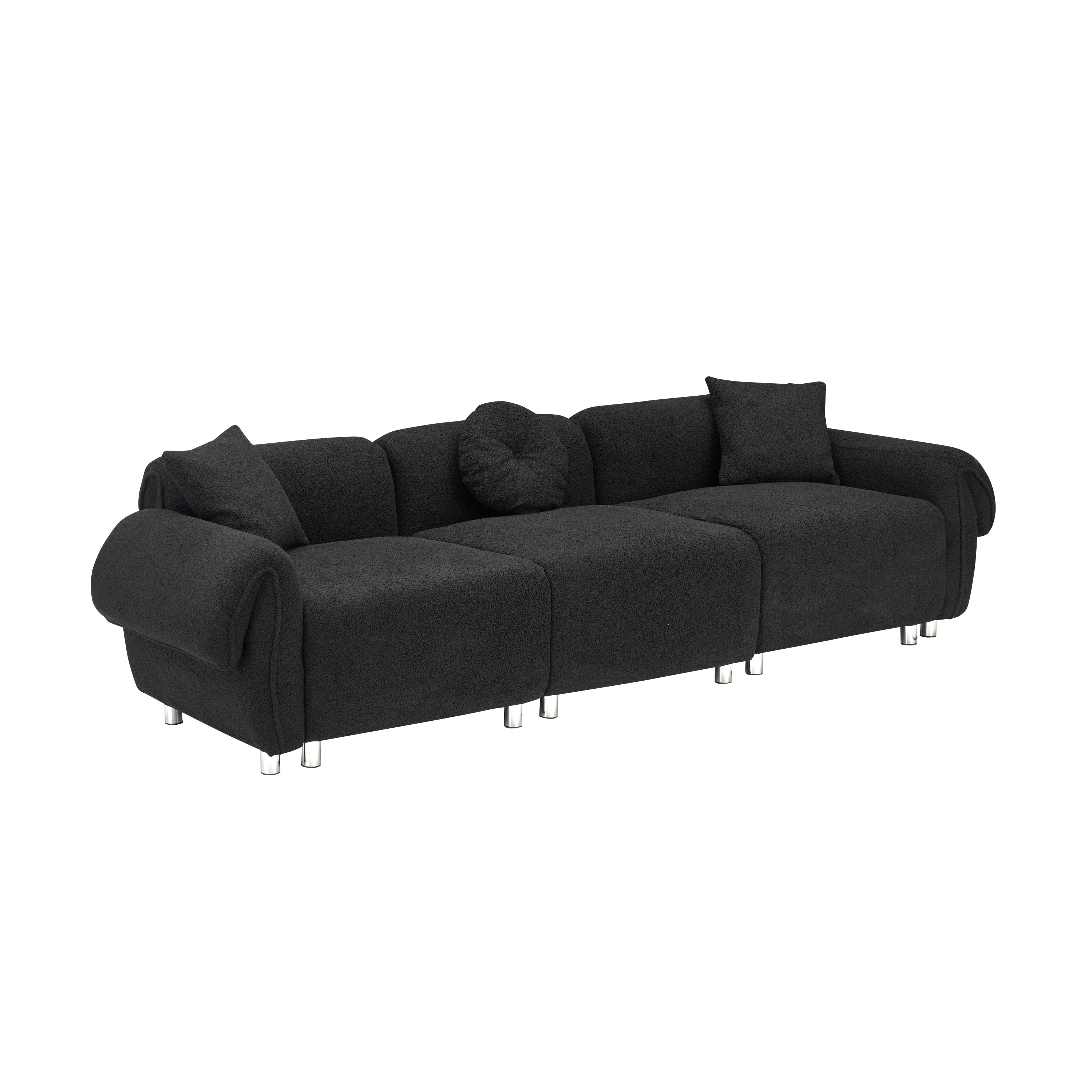 112 inch black teddy velvet fabric, with 3 pillows, three sofa can be placed in the living room and other scenes black teddy velvet fabric, with 3 pillows, three sofa can be placed in the living room