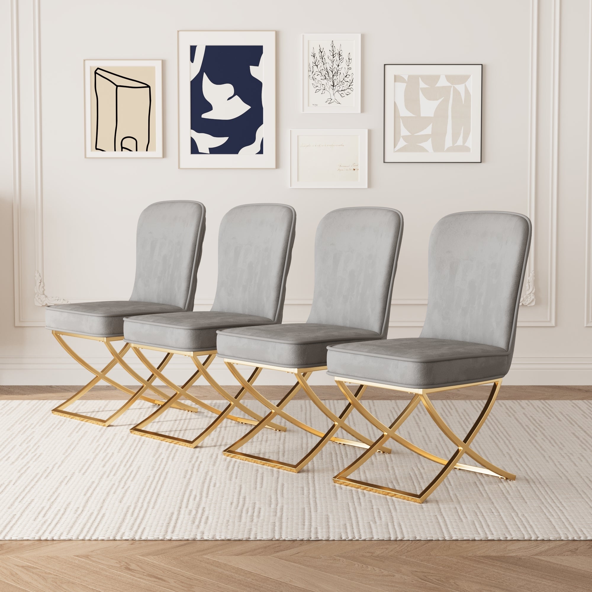 Dining Chair Set of 4, grey velvet Backrest and golden Metal legs.For Modern Kitchen Dining Room Chair for Kitchen Living Modern decorative Leisure chairs Office chairs