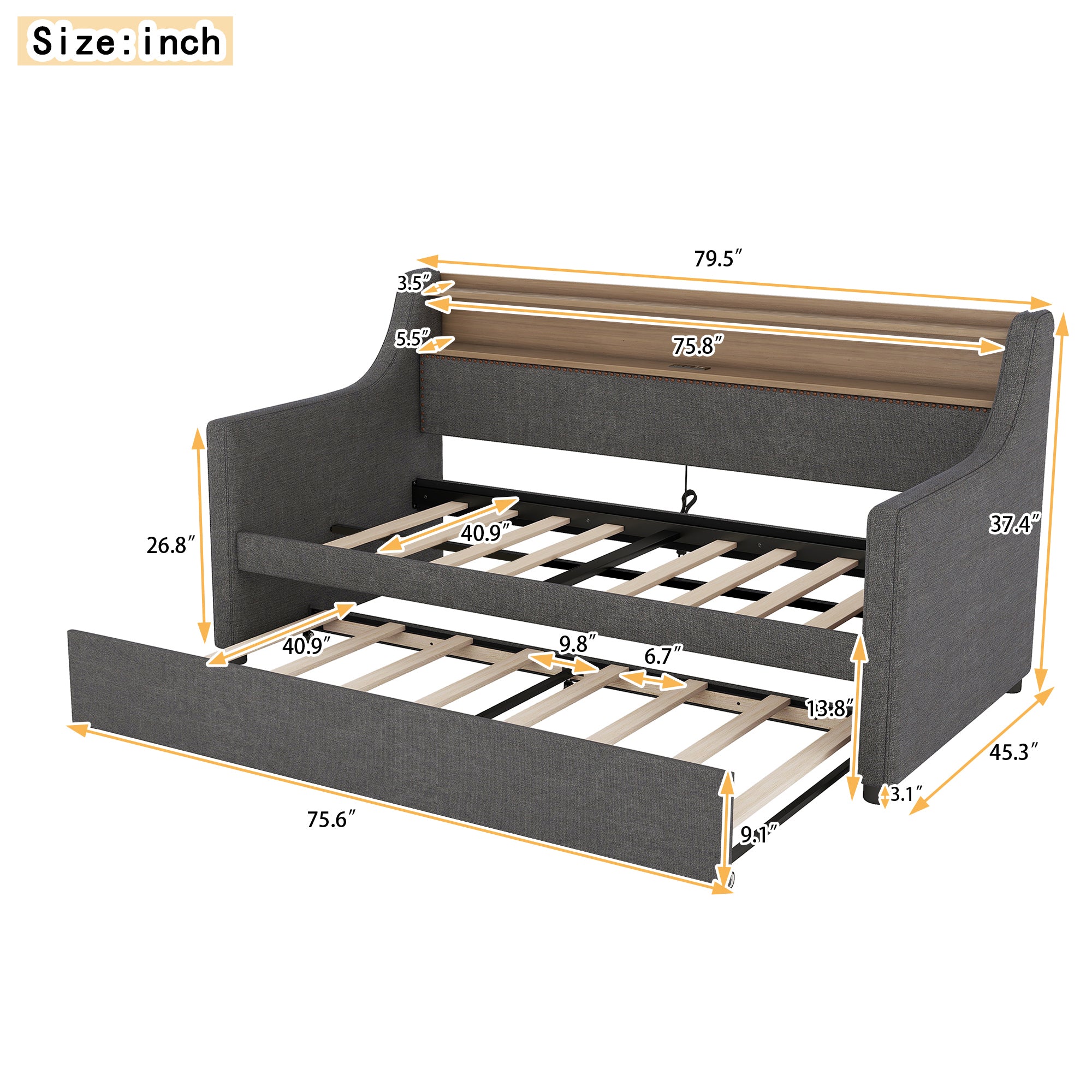 Twin Size Daybed with Trundle Bed, Upholstered Sofa Bed with Charging Station and LED Lights, Gray