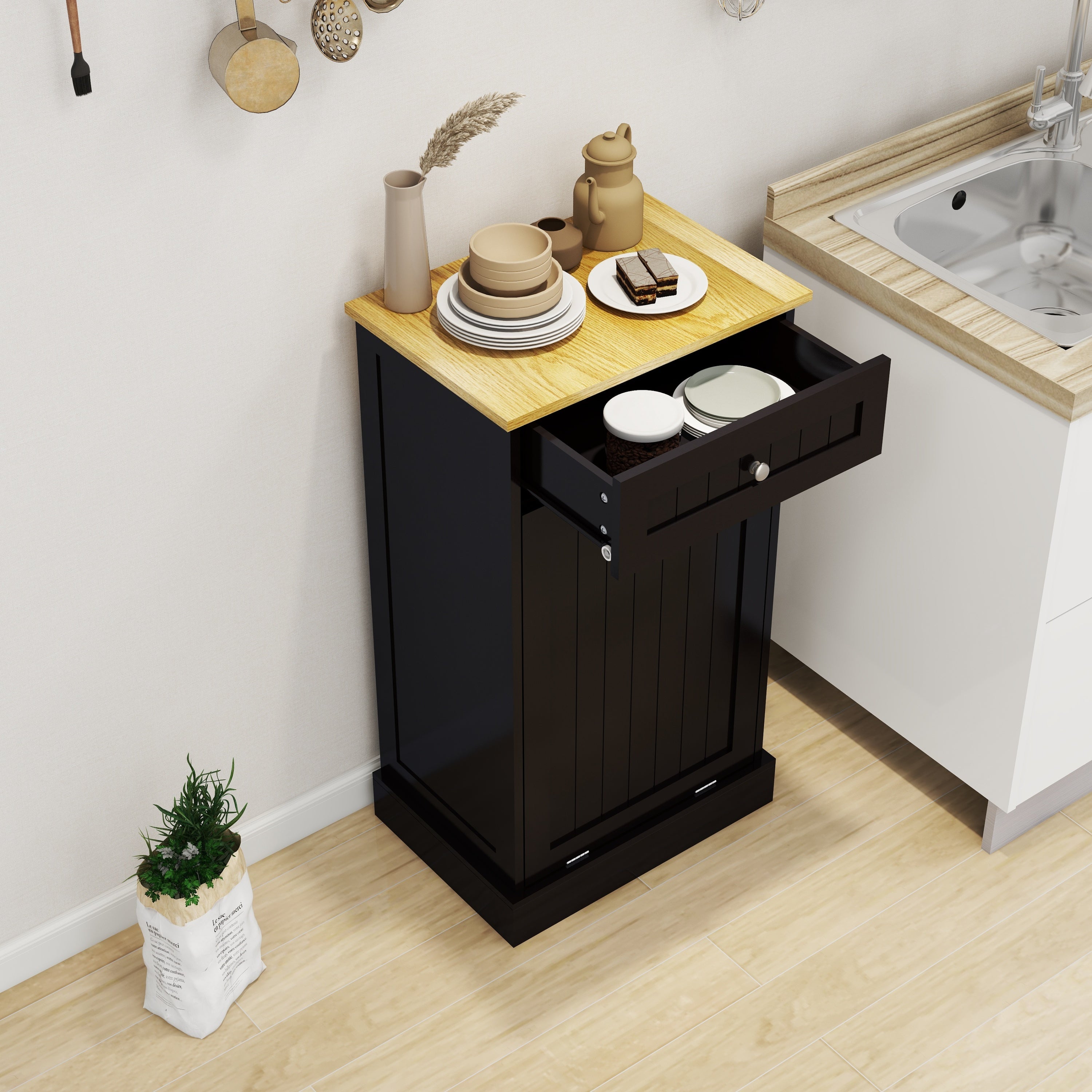 One Drawers and One-Compartment Tilt-Out Trash Cabinet Kitchen Trash Cabinet-Black