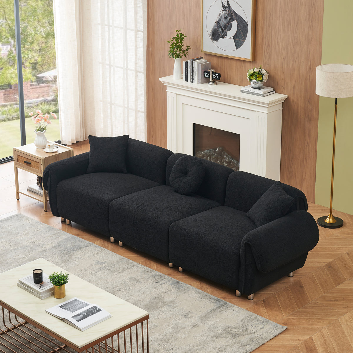 112 inch black teddy velvet fabric, with 3 pillows, three sofa can be placed in the living room and other scenes black teddy velvet fabric, with 3 pillows, three sofa can be placed in the living room