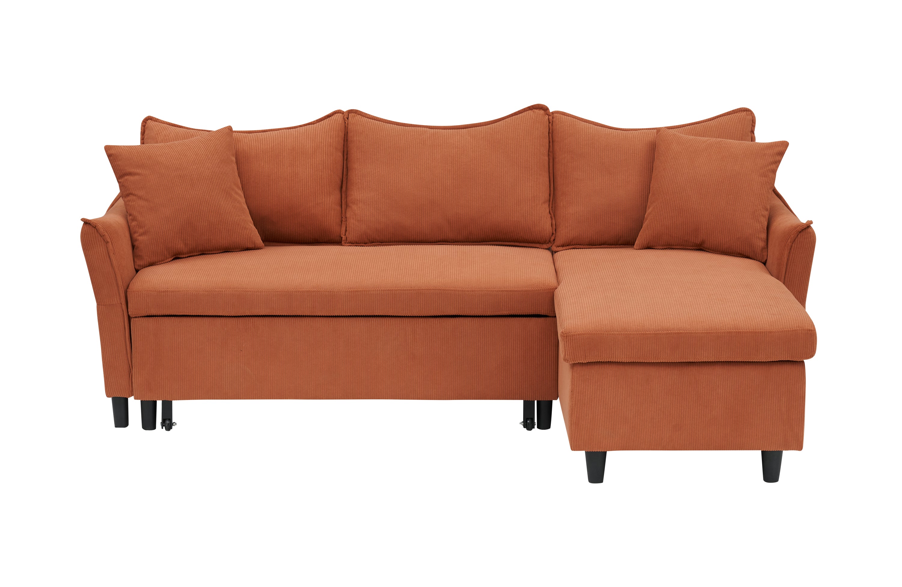 80" Orange Corduroy 3-Seater Sofa Bed With Two Small Pillows - Pull-Out Sofa With Storage For Living Room