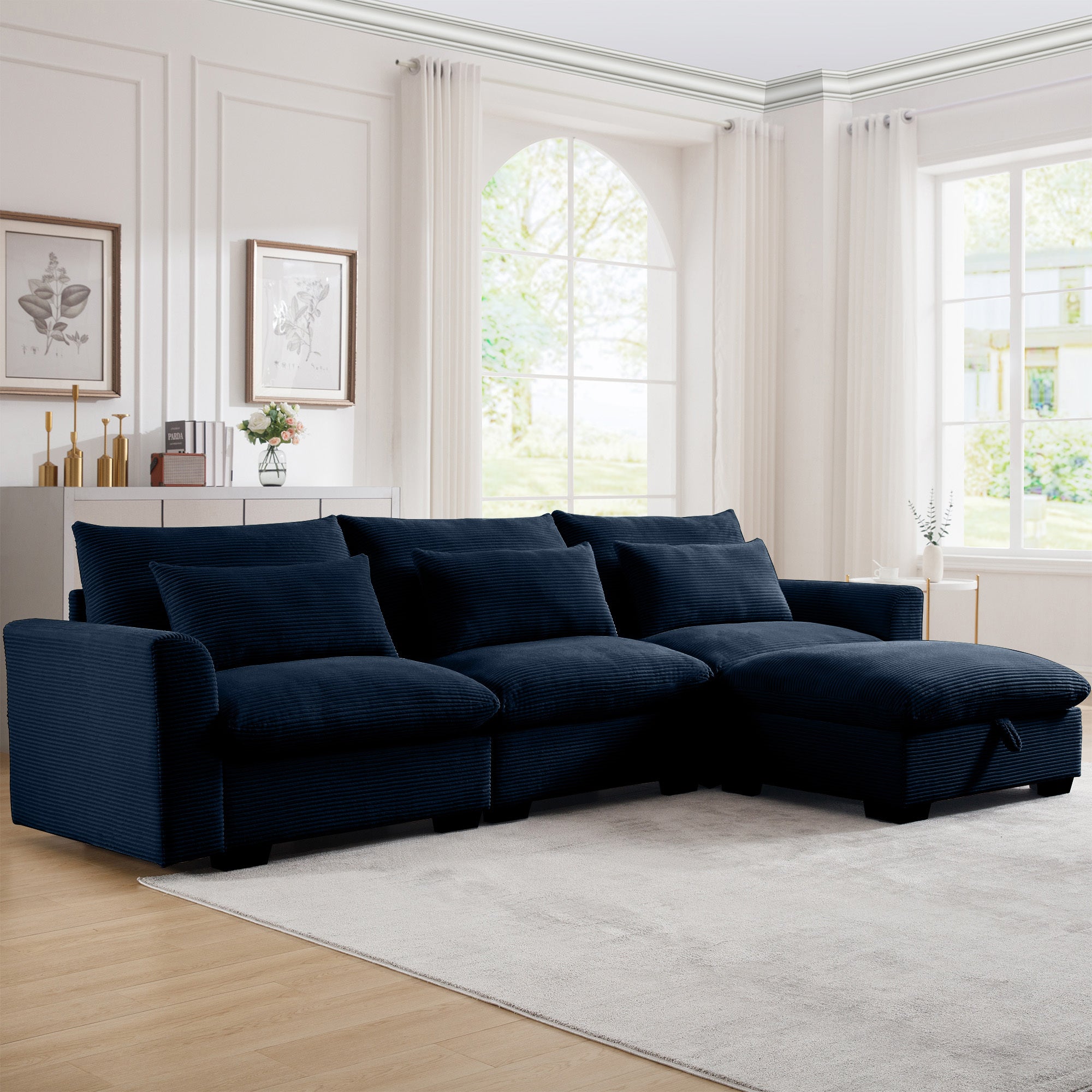 Corduroy Sectional Sofa,  L Shaped Couch with Storage Footstool and 3 Pillow, Sectional Couch for Living Room Apartment, Bule