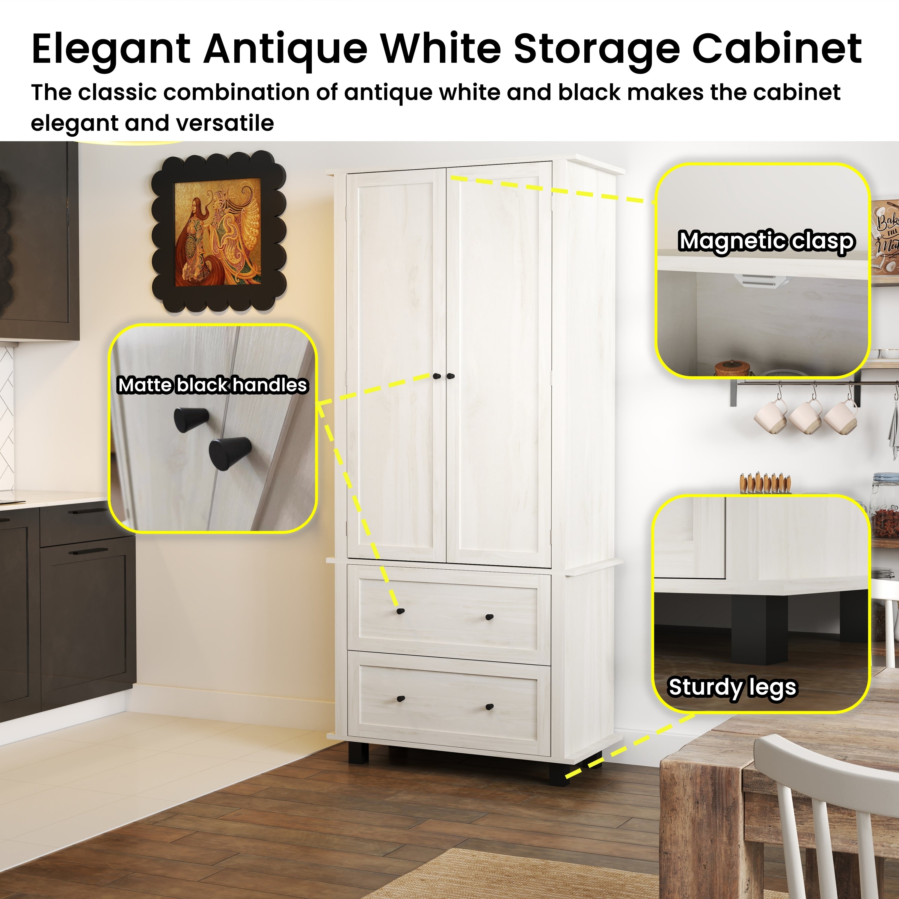 70" Tall Kitchen Pantry Cabinet with 2 Drawers & Shelves, Antique White