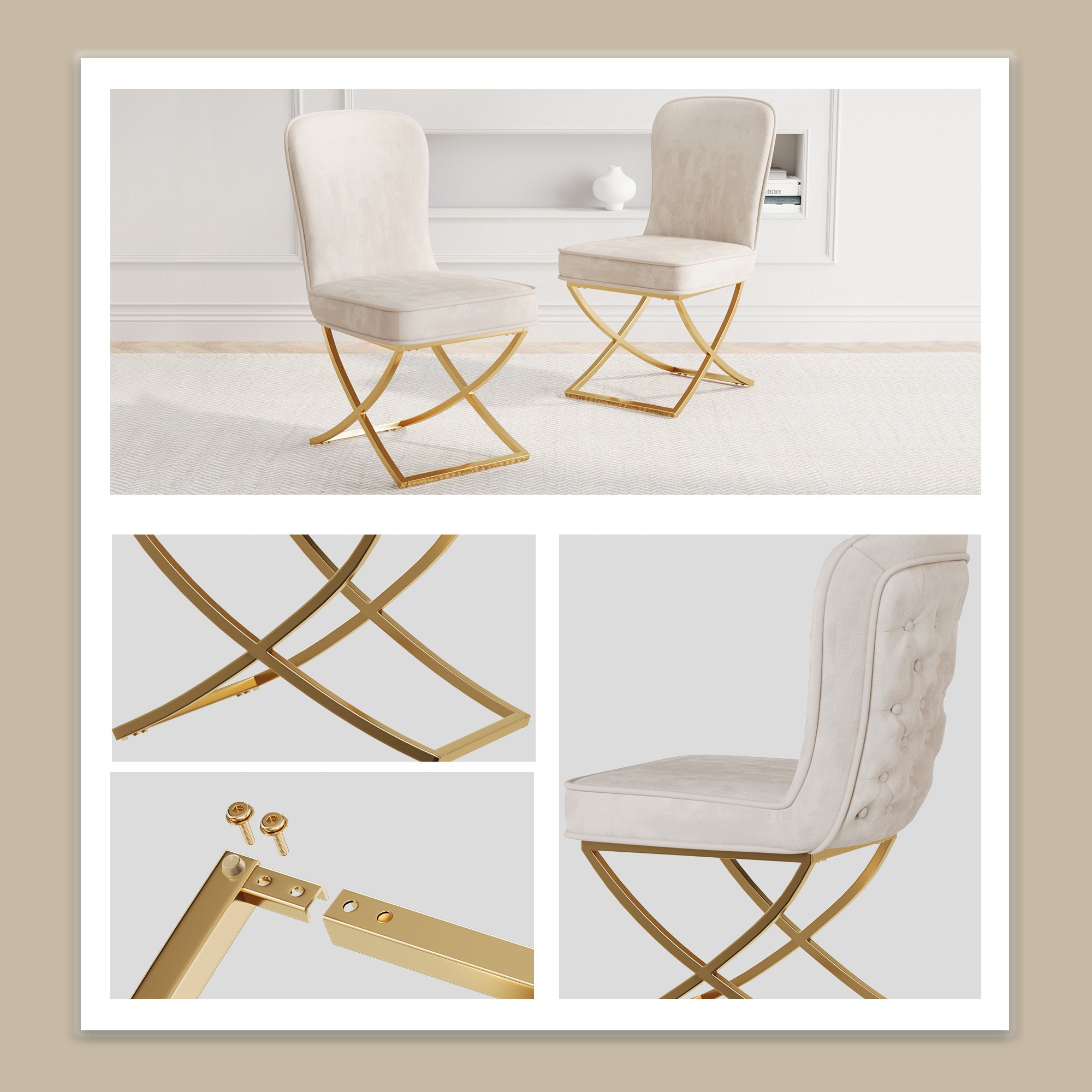 Dining Chair Set of 4, Beige velvet Backrest and golden Metal legs.For Modern Kitchen Dining Room Chair for Kitchen Living Modern decorative Leisure chairs.Office chairs