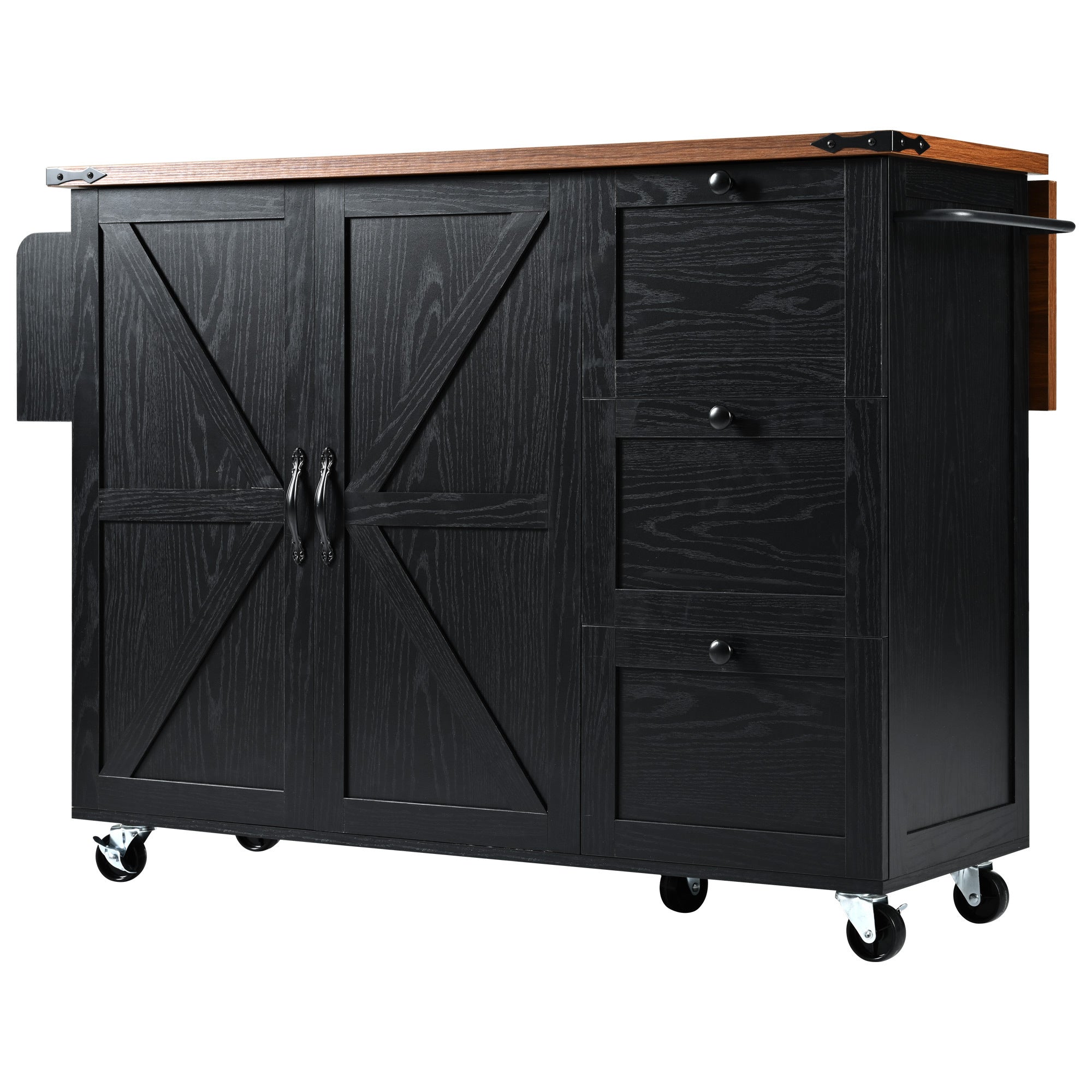 K&K 54.5" Kitchen Storage Island  with Internal Storage Rack, Drop Leaf, Spice Rack, Rolling Kitchen Cart on Wheels, Black