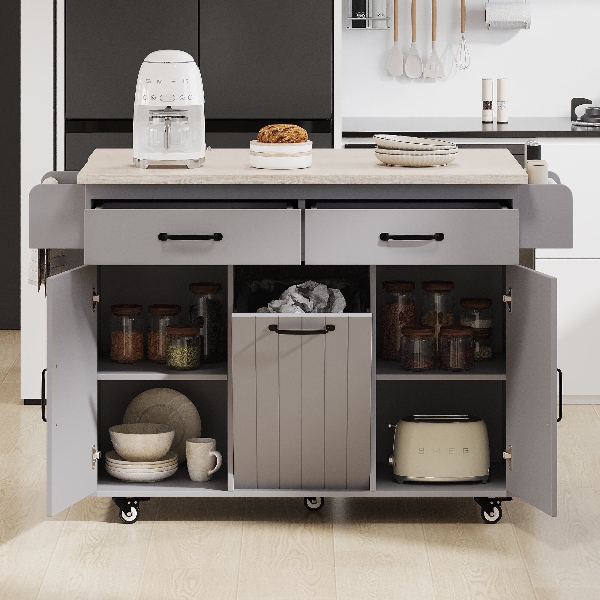 K&K Kitchen Island with Trash Can Storage Cabinet - Rolling Kitchen Island on Wheels with Adjustable Shelf, Grey