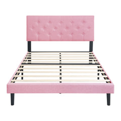 Queen Size Upholstered Platform Bed Frame with Modern Button Tufted Linen Fabric Headboard, No Box Spring Needed, Wood Slat Support, Easy Assembly, pink