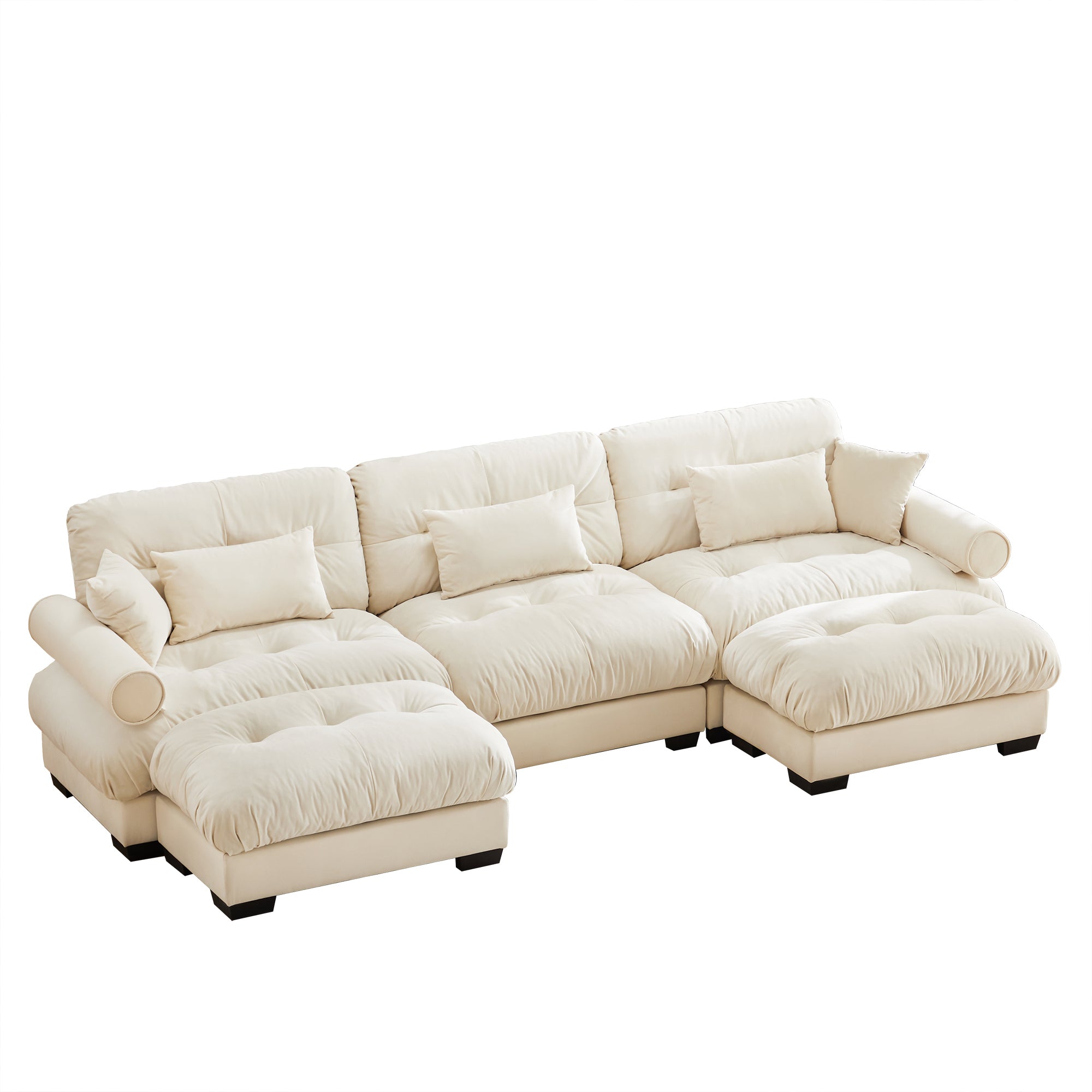 U-Shaped Modular Sectional Sofa with Movable Ottomans, Modern 3-Seater Corner Couch with Pillows and Bolstered Armrests, Cream