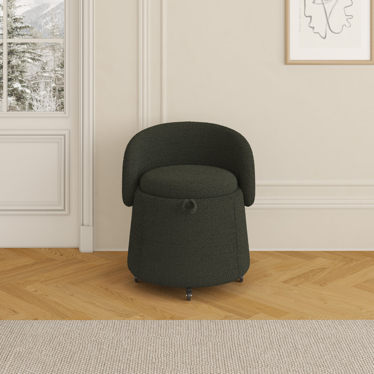 Modern 23" Movable Dark Green Storage Chair - Multi-Functional Design in Teddy Fleece for Living Room