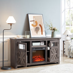 Farmhouse TV Stand with 2 Doors, Barn Design, Large Media Console with 18" Electric Fireplace Insert, GREY