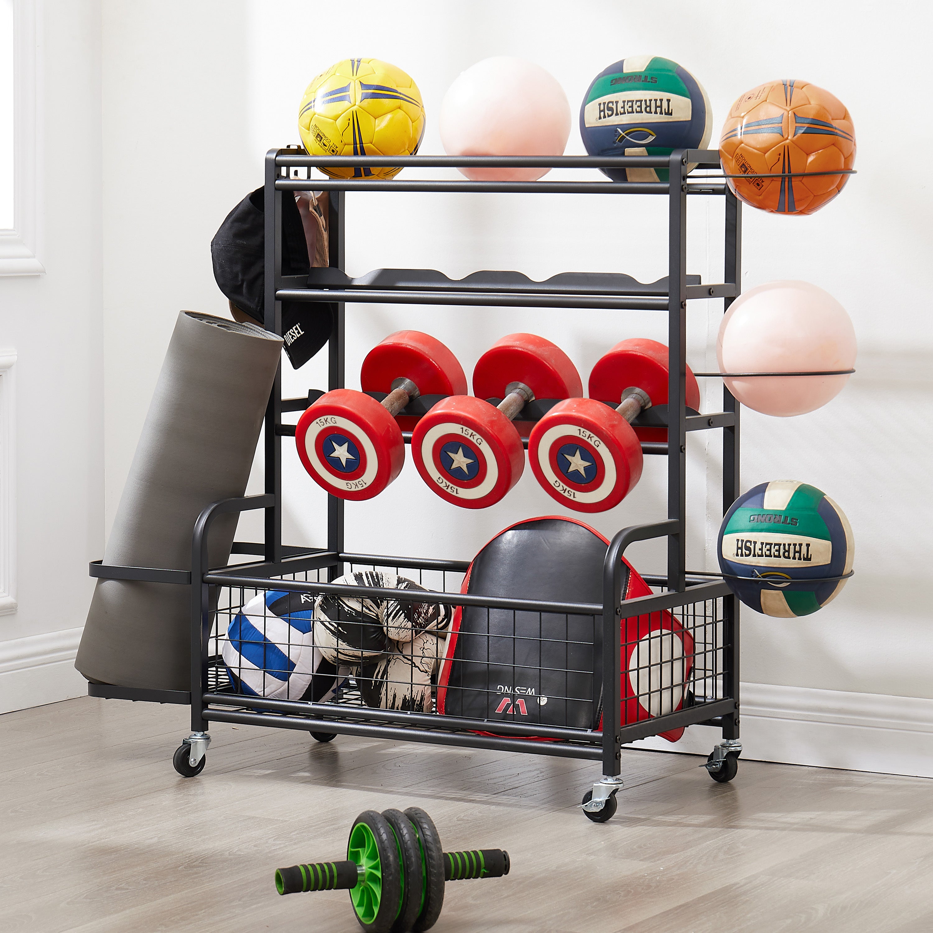 4-Tier Rolling Sports Organizer with Ball Storage & Hooks