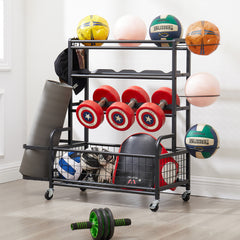 4-Tier Rolling Sports Organizer with Ball Storage & Hooks